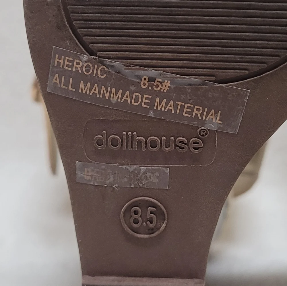 Lulus Dollhouse No Glitz No Glory Gold Wedge Sandals Vegan Leather Peep Toe 8.5
